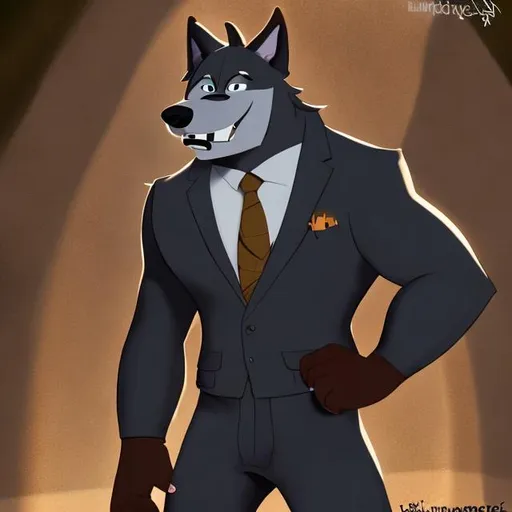 Prompt: Linnux the big buff anthro wolf is wearing black business suit is my older boyfriend from "Rock dog style"
