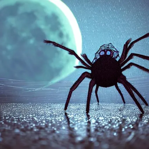 Prompt: Large Hairy spider crawling up a water spout while it is raining outside, photorealistic, large puddle on the ground, moon in the sky,
