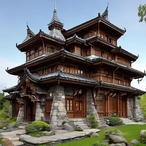 Prompt: large house, medieval architecture, nordic, viking, japanese, samurai