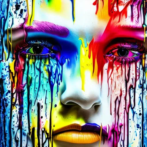 Prompt: melting technicolor paint, drips, white background, hyperrealistic, photorealistic