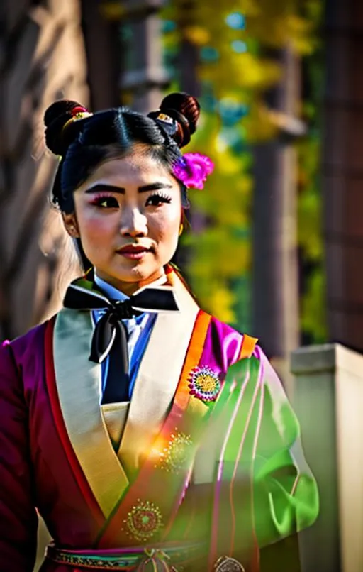 Prompt: A captivating image emerges  — An Asian woman is donning a unique fusion of Eastern and Western attire. She is wearing a long necktie that adds a touch of formality, while an overcoat robe makes her outfit look similar to a business suit. She radiates strength, resembling a terra cotta warrior wearing a necktie. The scene is set amidst the backdrop of a city, evoking a realistic and picturesque landscape. The outfit mixes Hanfu with a necktie and other fashion styles. The photograph captures the essence of this intriguing blend, inviting viewers to delve deeper into the fusion of cultures.