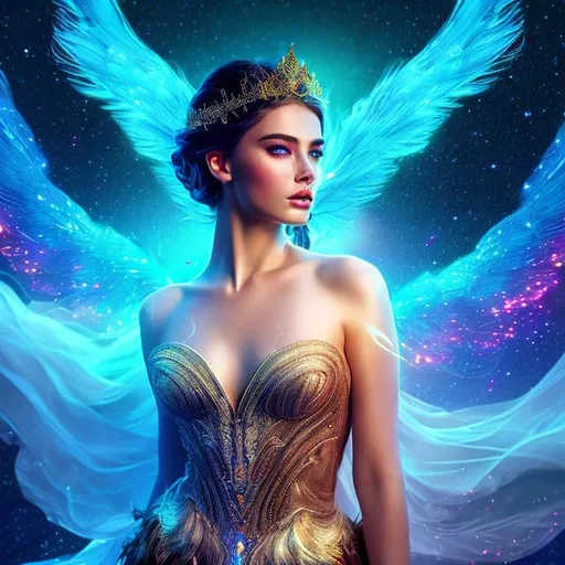 Prompt: HD 4k 3D 8k professional modeling photo hyper realistic beautiful woman ethereal greek goddess of women and sky, Queen of the Gods
blue hair blue eyes gorgeous face fair skin gold shimmering regal dress jewelry and tiara full body surrounded by magical glowing light hd landscape background of enchanting mystical clouds feathers birds and peacock feathers