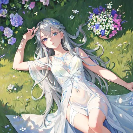 Prompt: Oil painting Birds eye view of a girl on 25 with grey hair and shining blue eyes, flowers in her hair, perfect anatomy and transparency dress with little crystals lying down in the green grass, her hair is long and is everywhere, perfect anatomy,  perfect lighting, 16k quality, 