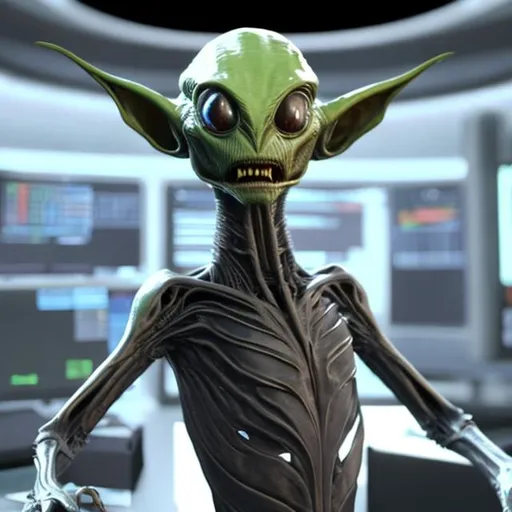 Prompt: A 3D rendering of Henry in his alien form. He has green skin, large, pointed ears, and a long, forked tongue. He is wearing a tight-fitting black suit. He is standing in a laboratory, and the background is a series of computer screens.