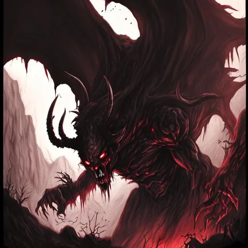 Prompt: an evil demon with horns and red eyes staring fron a dark and creepy cave.