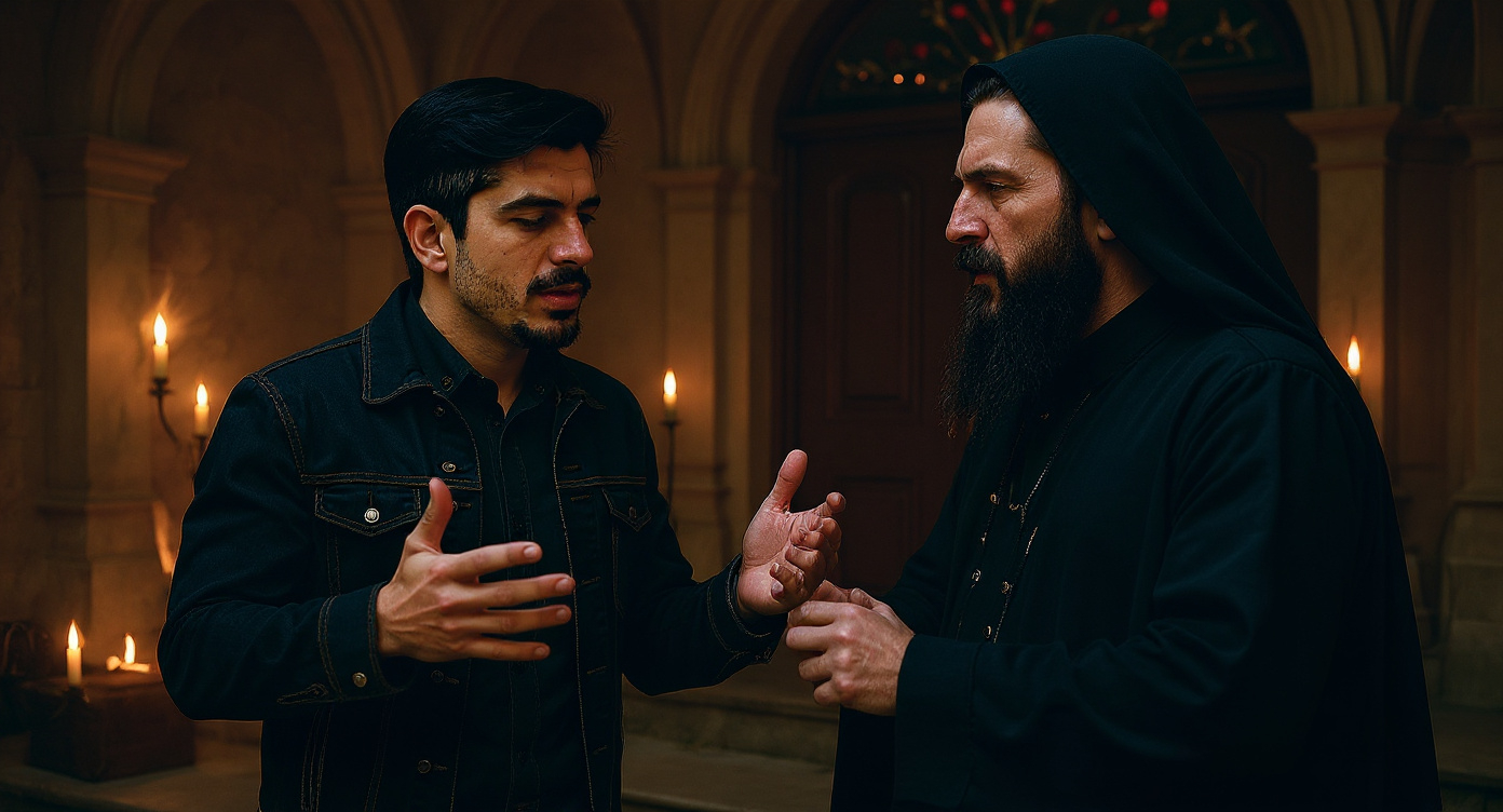 Man is in streetwear, at a Santanic ritual, talking...