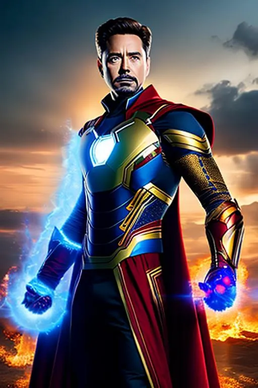 Prompt: High-resolution hyperrealistic photo of sorcerer-supreme merged with iron-man, blue and gold armour, red cape, uhd, hdr, 64k