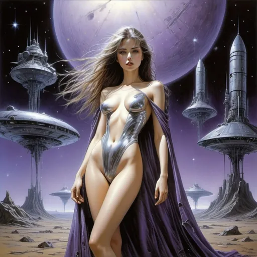 Prompt: Hajime Sorayama, Luis Royo, Surrealism Mysterious strange fantasy. Beautiful girl with long brown hair, light transparent cape and perfectly voluminous body in the background: euphoric dead spaceship, abandoned space base. gloomy, post-apocalyptic landscape, meteor shower, gloomy, dramatic atmosphere, grunge, dead space. purple light, bright stars. very detailed