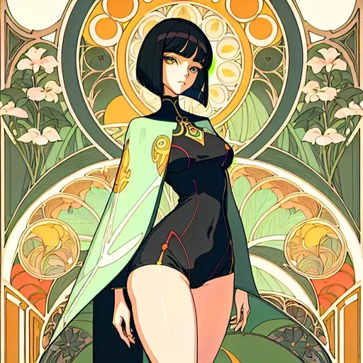 Prompt: a lonely AI girl, very tall, thick thighs, wide hips, long legs, slender waist, big beautiful symmetrical eyes, intriguingly beautiful face, aloof expression, bob haircut with bangs, Art Nouveau art style, 12K resolution, hyper quality, hyper-detailed, depth of field