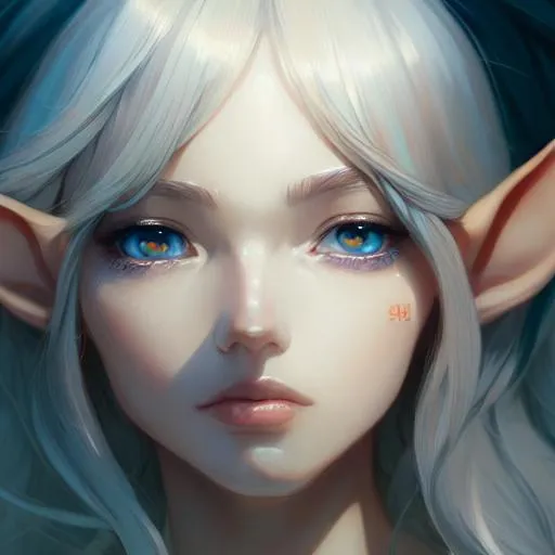 Prompt: Closeup face portrait of an elf, smooth soft skin, big dreamy eyes, beautiful intricate colored hair, symmetrical, anime wide eyes, soft lighting, detailed face, by makoto shinkai, stanley artgerm lau, wlop, rossdraws, concept art, digital painting, looking into camera