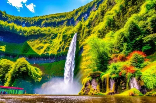 Prompt: A beautiful waterfall scenery and many colourful birds are flying.