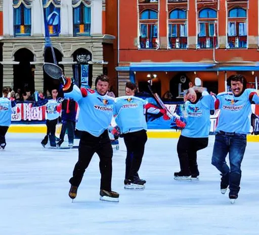 Prompt: Pelicans Lahti in light blue shirts is having a Big fiesta on town square for winning the Ice Hockey league of Finland. 