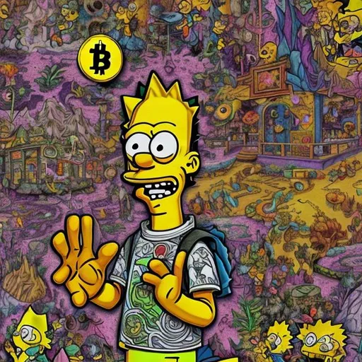 Prompt: LSD ,Bart Simpson,morthy ,amanite ,coloris, hyppies, techno, psyché , bitcoin , underground, hearth , univers, évolution, United
