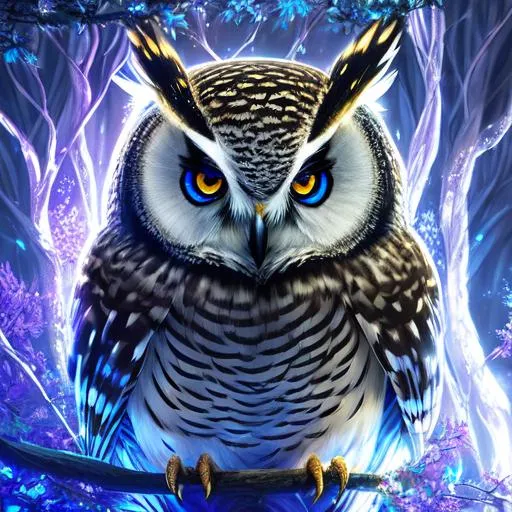Prompt: ultra-detailed abstract photography portrait of slender attractive kind female owl wizard in casual dynamic pose against a tree in a fantasy magic subtle bioluminescent forest, insanely detailed owl head, dynamic, looking left, she is ready for anything, full body asymmetrical anthropomorphic,