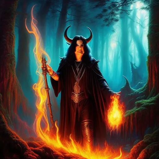 Prompt: Full body splash art, fantasy art, digital painting, D&D, sharp focus, hyper-realistic. Ozzy Osbourne is a Celtic warlock, with goat horns, smoking a pipe, wearing sunglasses, and feathers in his long black hair. ((((in the background luminous forest))), sunset. by Rembrandt, by Clyde Caldwell.