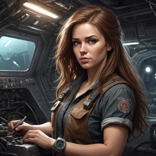 Prompt: Create a realistic-style digital art illustration of a white female character working as a mechanic/techie in a spaceship. The character should have an average build and brown long hair, with a rugged and worn-out appearance. The drawing should be from the waist up, showcasing the character's torso. The color palette should consist of dark and gritty tones, and the lighting should be dim and moody with atmospheric effects. Please include some futuristic machinery or equipment in the background, and depict the character with a determined and focused expression.