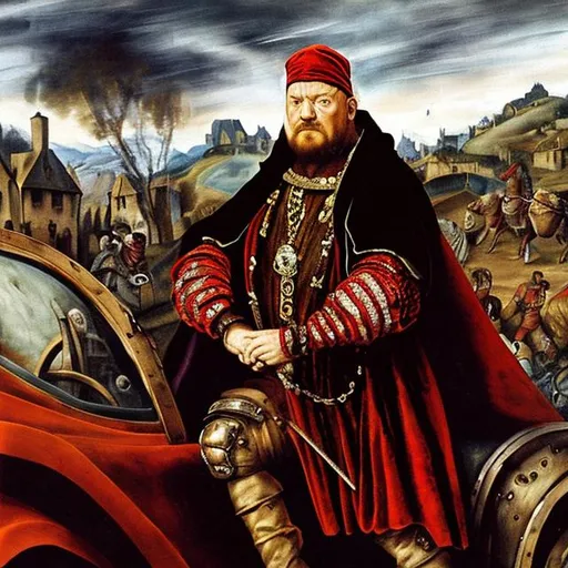 Prompt: Medieval merchant driving a sportscar, dressed in velvet and brocate, oil painting, 16th century, realistic