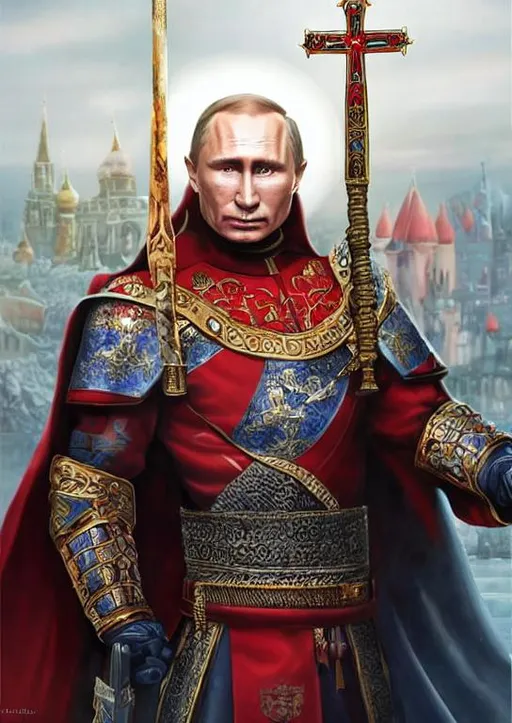 Prompt: fantasy detailed illustration Vladimir Putin, Russian, regal, royal, armor, god warrior, occidental, holy, majestic, prestige, red, white, blue, sky, angelic halo