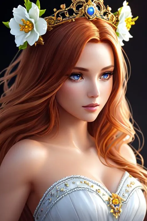 Prompt: photorealistic beautiful woman, light hair, full body,  hyper detailed painting, Bar lighting, complex ,    little fusion ,redhead,  Italian goddess, beautiful awesome with big white flowers tiara of wet bone structure,  3d render, octane render, intricately detailed, titanium decorative headdress, cinematic, Centered hyperrealistic cover photo awesome full color, hand drawn, dark, gritty, realistic , hit definition , cinematic, Rough sketch, mix of bold dark lines and loose lines, bold lines, on paper , full body 