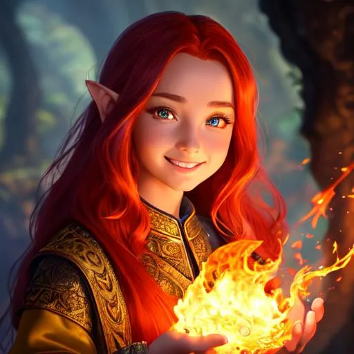 Prompt: oil painting, fantasy, hobbit girl, tanned-skinned-female, beautiful, bright red hair, straight hair, rosy cheeks, smiling, looking at the viewer, summoner wearing intricate robes and casting a fire spell, #3238, UHD, hd , 8k eyes, detailed face, big anime dreamy eyes, 8k eyes, intricate details, insanely detailed, masterpiece, cinematic lighting, 8k, complementary colors, golden ratio, octane render, volumetric lighting, unreal 5, artwork, concept art, cover, top model, light on hair colorful glamourous hyperdetailed medieval city background, intricate hyperdetailed breathtaking colorful glamorous scenic view landscape, ultra-fine details, hyper-focused, deep colors, dramatic lighting, ambient lighting god rays, flowers, garden | by sakimi chan, artgerm, wlop, pixiv, tumblr, instagram, deviantart