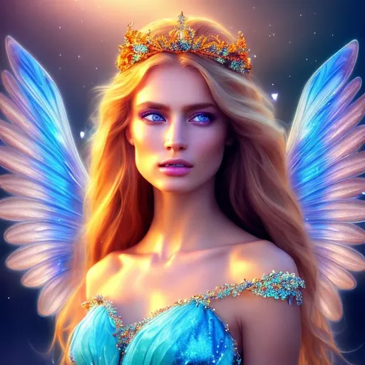 Prompt: HD 4k 3D 8k professional modeling photo hyper realistic beautiful woman ethereal greek goddess of the clear blue sky
orange hair blue eyes gorgeous face fair skin shimmering dress with gems jewelry and winged tiara full body surrounded by magical glowing divine light hd landscape background blue sky birds and butterflies