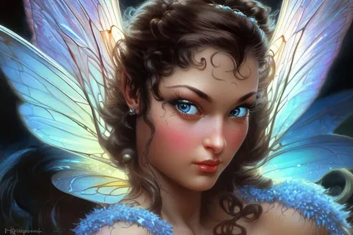 Prompt: Hyper realistic image in the style of Frank frazetta fantasy of female fairy highly detailed face black hair blue eyes highly detailed iridescent wings dark cinematic 8k