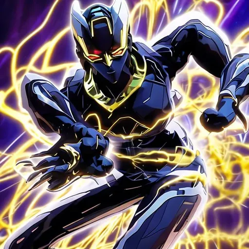 Prompt: dynamic dynamo is a powerful stand in JJBA with a sleek and futuristic appearance. It has a metallic body with glowing energy lines running through it, and its design is characterized by sharp edges and angular features. The stand emits a vibrant aura of energy, giving it a dynamic and electrifying presence.