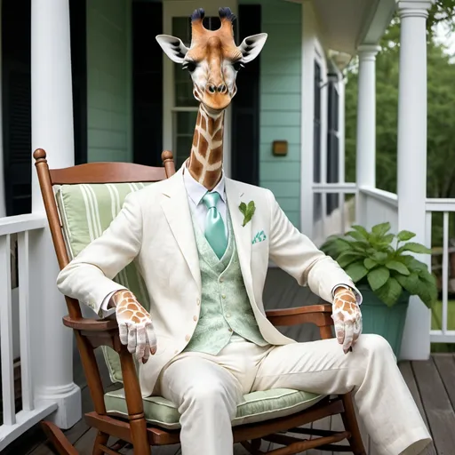 Prompt: Giraffe in white linen suit, silk scarf, rocking chair on porch, drinking a mint julep, high quality, realistic, summer, detailed, linen fabric, elegant, warm lighting, whimsical, humorous, detailed facial features, tall, detailed fur, outdoor, sunny, realistic lighting, classic design