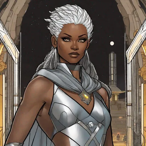 Prompt:   Ororo Storm from X-men in jedi dress. In background a scifi light side temple. Well draw face. Detailed. Star wars art. Rpg art. 2d art. 2d.