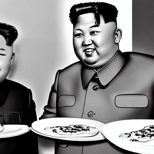 Prompt: kim jong un eat pizza with ananas