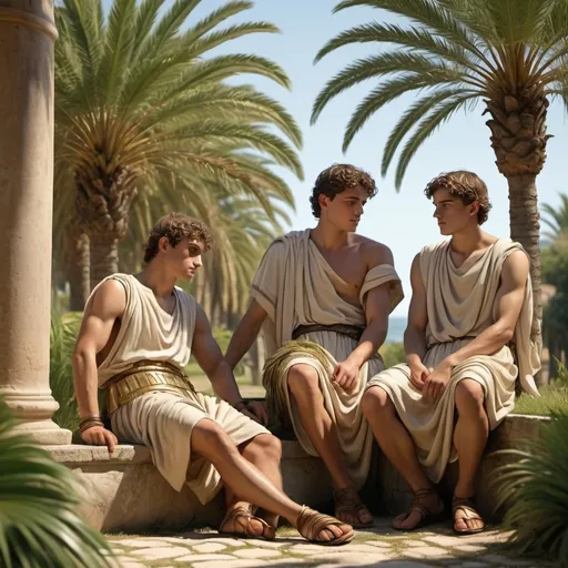 Prompt: three young Roman 20 years old men, 1st-century setting, high detail, cinematic quality, historical atmosphere, resting under palms tree