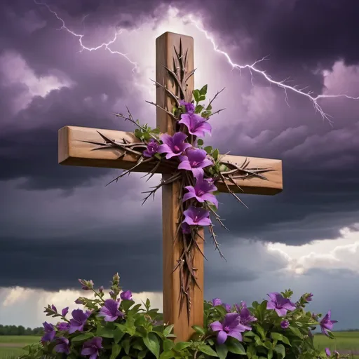 Prompt: Beautiful wooden cross,purple flowers,stormy sky,divine light,crown of thorns