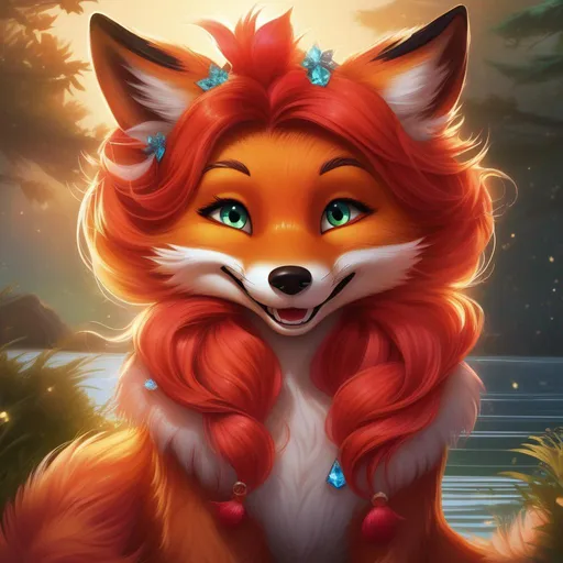 Prompt: Insanely beautiful female (fox) portrait, playful, cartoon art, bushy vivid red fur, lively, glistening creamy mane, beautiful charming foxy smile, open mouth, highly detailed smile, adorable, clownish, jolly, anime, in a magical lakeside, enchanting {emerald eyes}, sunrise, beneath the stars, crystal lake, corona, glowing outline, mid shot, medium close-up, global illumination, golden ambient light, cell shading, simple expressive shading, waterfall, bioluminescent, highres, best quality, concept art, epic digital art, intricately detailed, cinematic, anime, comically huge enchanted green eyes, 8k eyes, highly detailed eyes, highly detailed, 64k, full body focus, sharp focus, vibrant, UHD, professional, intricately detailed background, sparkling magical rain, falling petals, vibrant, bright colors