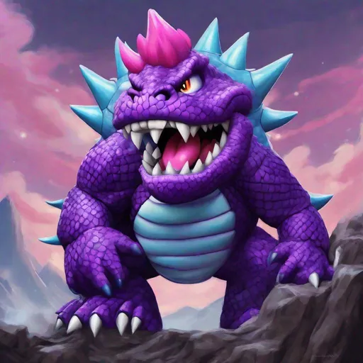 Prompt: Toothpaste Bowser, dark purple scales and pink underscales, sky-blue toothpaste costume, black shell with dark purple spikes , masterpiece, best quality, in acrylic art style