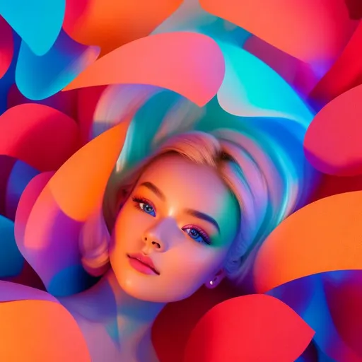 Prompt: (((symmetrical face))) (((Beautiful))) (((Blonde))) (((cutie))) (((petite))) (((perfect makeup))) a girl sitting around in front of bright lights, in the style of red and azure, hyper-realistic pop, close-up intensity, celebrity photography, colorful animations, uhd image, wavy resin sheets, Shot on a Fujifilm X-T4 using settings from a Sony FE 85mm f/1. 4 GM –ar 51:91 –q 2 –s 750 –style raw –v 5.1
