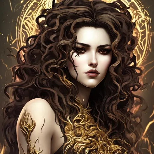 Prompt: beautiful wild woman with dark mid length shaggy wavy hair and gold eyes with sharp features in a art style