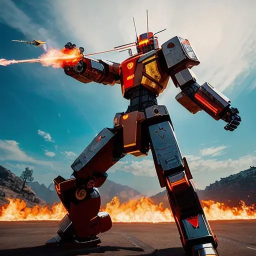 Prompt: Giant robot with flaming bows and arrows, unreal engine, full metal body, extreme explosion, cyber war, hd ultra 4k, cinematic, hyper-realistic