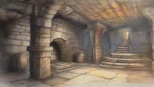 Prompt: a painting of an underground dungeon interior skyrim inspired, by anato finnstark. front view, simple watercolor, thomas kinkade, post-apocalyptic, stained, saturated watercolor, high composition, by tithi luadthong, 240p, {disney construction}, art by frank frazetta