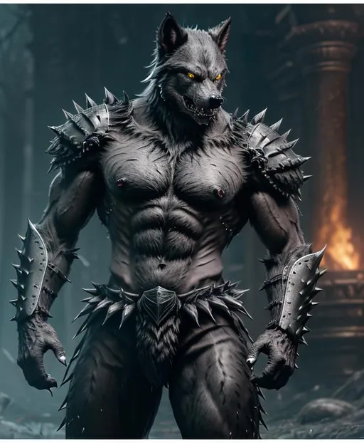 Prompt: highly detailed digital drawing of a werewolf, full wow tank armor, 16k Unreal Engine, splash art, bloody mouth, sharp teeth, green glowing, eyes on the back a spiked, comb long black claws scars on, the body muscular, body black shiny gray, fur in the right claw he holds a severed head that looks like it's me 