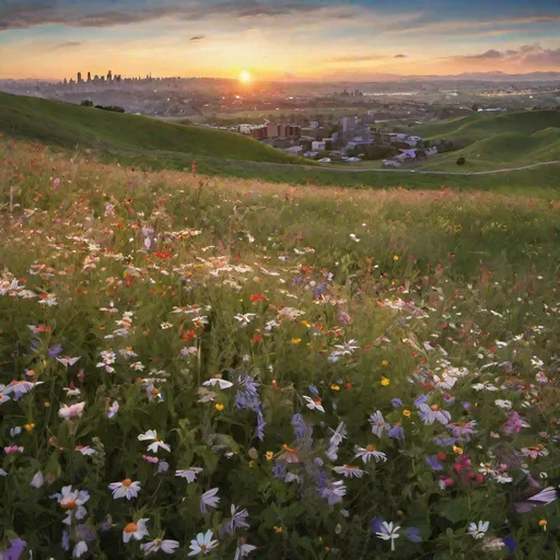 Prompt: field of wildflowers on rolling hills with cityscape in distance at dawn
