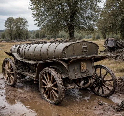 Prompt: A battered steampunk war carriage on the battlefields of ww1. barbed wire, trenches, dead soldiers and horses litter the muddy and destroyed terrain. Burned tree stumps smoilder in the background.