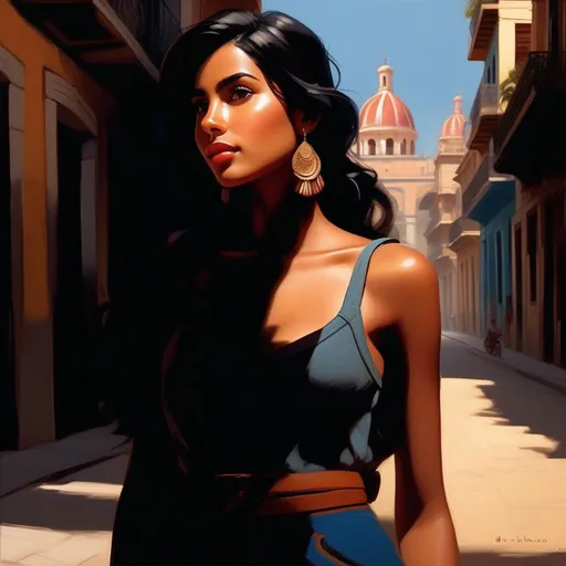 Prompt: Third person, gameplay, Cuban girl, tan skin, black hair, brown eyes, La Habana, warm atmosphere, cartoony style, extremely detailed painting by Greg Rutkowski and by Henry Justice Ford and by Steve Henderson 

