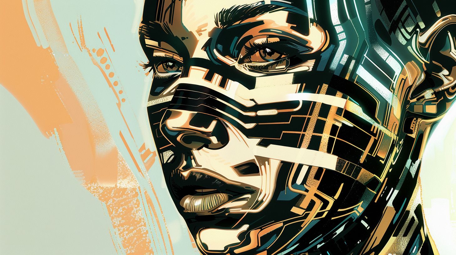 Prompt: Illustration of a futuristic face blending human emotion and machinery. The skin is decorated with patterns of gold, metal, and black and white stripes, reflecting chrome-like luminance. The backdrop is a gradient of light bronze to dark blue, drawing attention to certain facial elements. --ar 16:9 --stylize 50