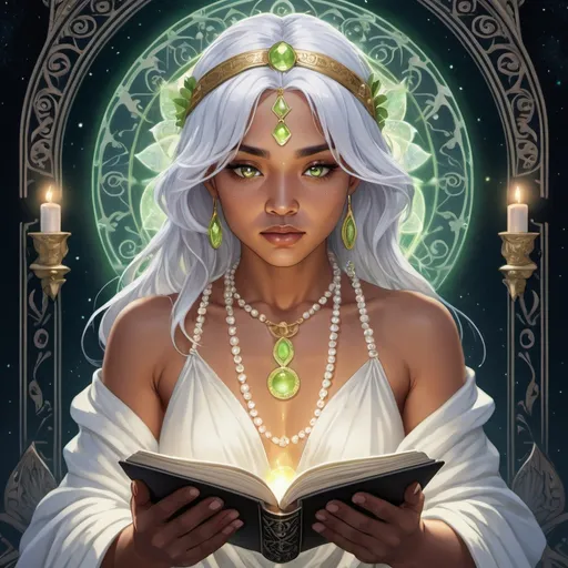 Prompt: tarot card anime illustration of an intuitive opalescent-haired bare chested Pacific Islander woman reading a prayer book, dressed like a priestess in a pearl white costume, dramatic lighting, she is calm, tarot card style, detailed peridot eyes, professional, highres, ultra-detailed, inner voice, dramatic lighting, ornate robes, priestess, calm gaze, mystical color palette, ornate details, mystical atmosphere