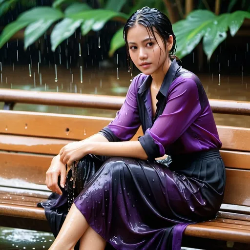 Prompt: photo of young woman, soaking wet clothes, Black long silk skirt , Purple silk blouse,  , Sitting on a bench,   enjoying, water dripping from clothes, clothes stuck to body,  detailed textures of the wet fabric, wet face, wet plastered hair,  wet, drenched, professional, high-quality details, full body view , Pouring. Age 35