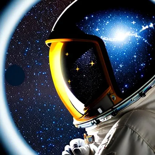 Prompt: An astronaut looking at the stars wearing a reflective helmet close up view