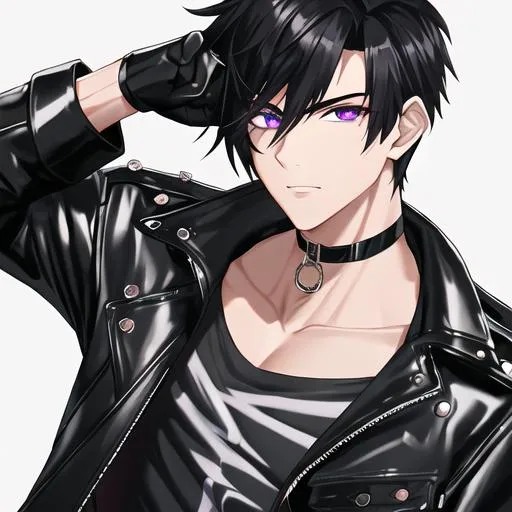 Prompt: Male (Short black hair falling between the eyes with an undercut, sharp and sassy purple eyes and a femine body) Leather jacket and a black shirt and ripped denim jeans, around his neck, black leather gloves. Highly detailed, 8K, Insane detail, best quality, young adult, wearing a black t-shirt, UHD