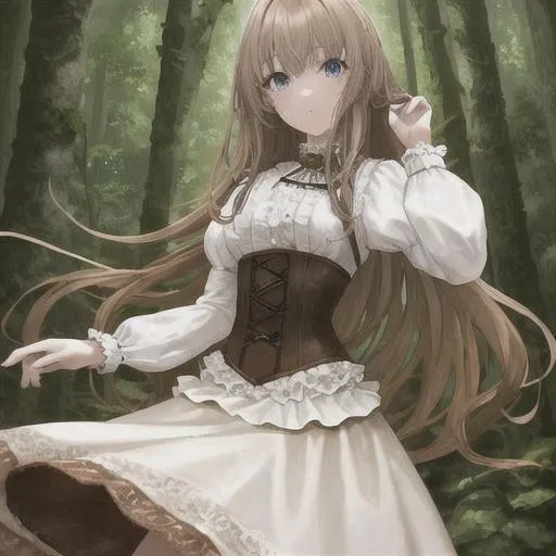 Prompt: light brown haired girl with beautiful eyes
white dress with brown corset 
in a forest beautiful colors