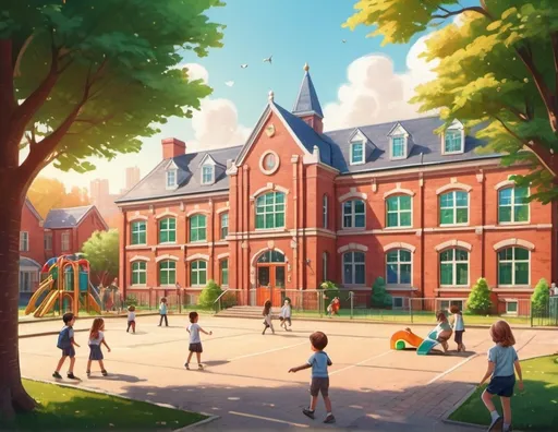 Prompt: Exterior illustration of a charming primary school, vibrant and welcoming, classic brick architecture, children playing in the yard, colorful playground equipment, lush green trees, warm sunlight, high quality, detailed, traditional, cheerful atmosphere, vintage vibes, classic architecture, playful children, nostalgic, sunny weather, vibrant colors, inviting environment, classic brick, lush greenery