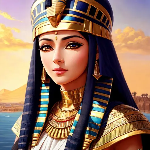 Prompt: Photo, portrait, female pharaoh, ancient egypt, overlooking the Nile, heavenly beauty, 8k, 50mm, f/1. 4, high detail, sharp focus, perfect anatomy, highly detailed, detailed and high quality background, oil painting, digital painting, Trending on artstation, UHD, 128K, quality, Big Eyes, artgerm, highest quality stylized character concept masterpiece, award winning digital 3d, hyper-realistic, intricate, 128K, UHD, HDR, image of a gorgeous, beautiful, dirty, highly detailed face, hyper-realistic facial features, cinematic 3D volumetric, illustration by Marc Simonetti, Carne Griffiths, Conrad Roset, 3D anime girl, Full HD render + immense detail + dramatic lighting + well lit + fine | ultra - detailed realism, full body art, lighting, high - quality, engraved |